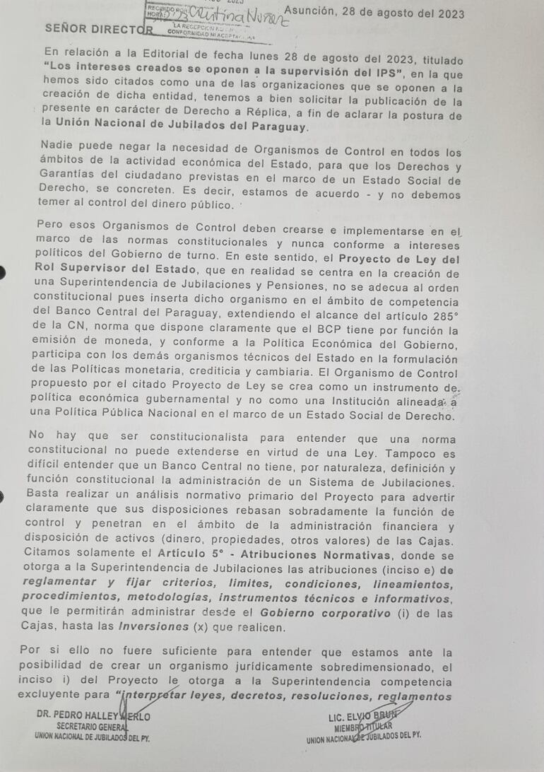 Carta de Pedro Halley a la directora