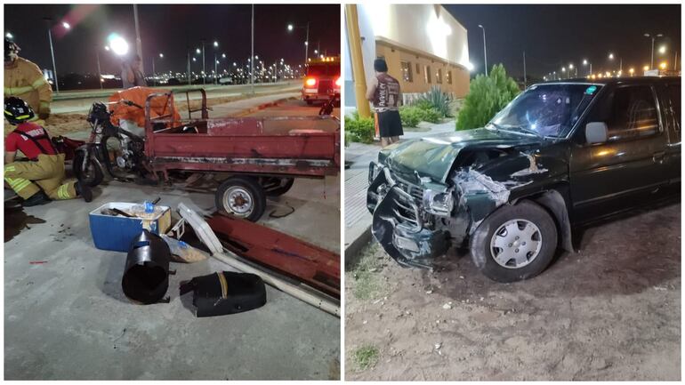 Un accidente de tránsito se produjo en la Costanera Norte e involucró a esta camioneta y a este motocarro.