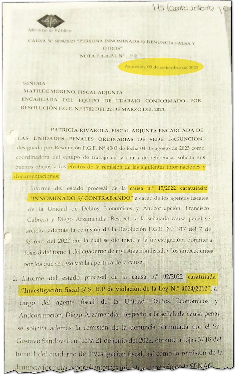 Pedido gestionado por la fiscal adjunta Patricia Rivarola, con la tardía de un mes, para conocer el detalle de las investigaciones  que salpican a Cartes.