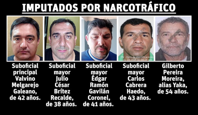 Los policías Valvino Melgarejo Galeano, Julio César Brítez Recalde, Édgar Ramón Gavilán Coronel y Carlos Cabrera Haedo y el civil Gilberto Pereira Moreira, imputados por narcotráfico en Canindeyú.