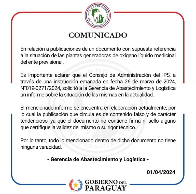 Comunicado de la Gerencia de Abastecimiento y Logística del IPS.