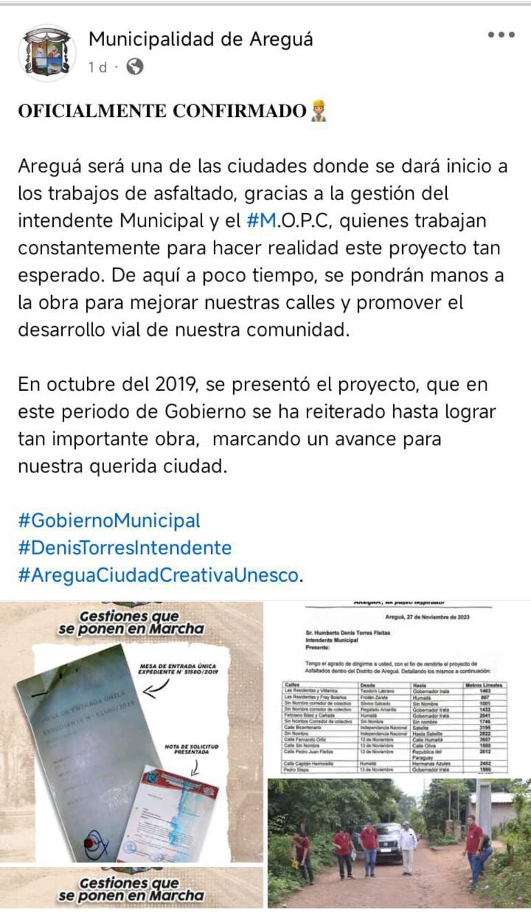 El anuncio lo hicieron mediante las redes sociales de la Municipalidad de Areguá, ayer.