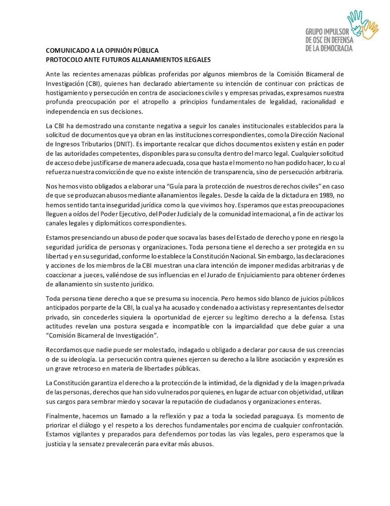 Comunicado de las Coalición de Organizaciones de la Sociedad Civil en defensa de la democracia.