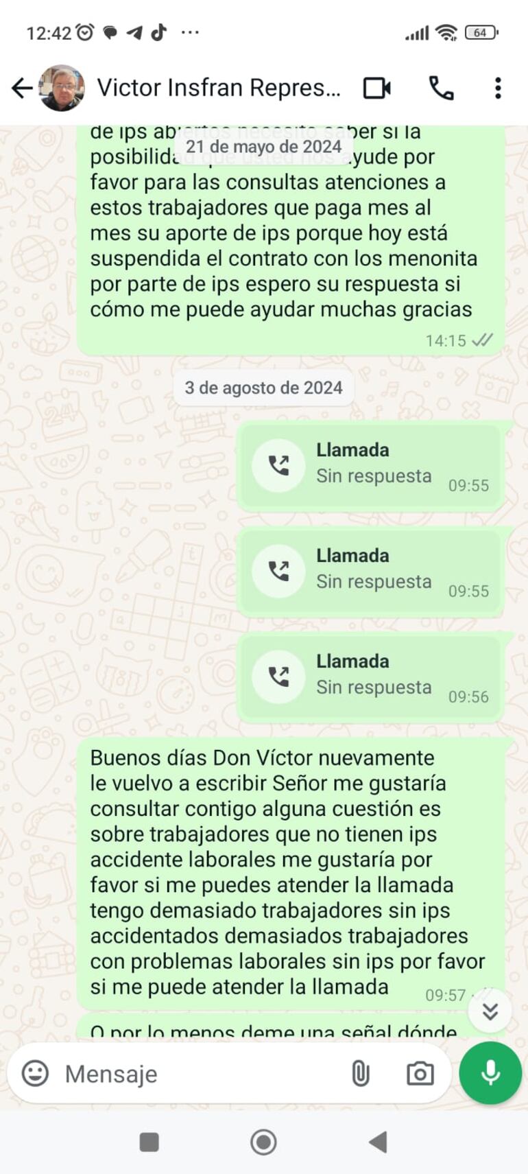 Mensajes enviados por el Sindicato Nacional de Trabajadores Rurales al consejero Víctor Insfrán.