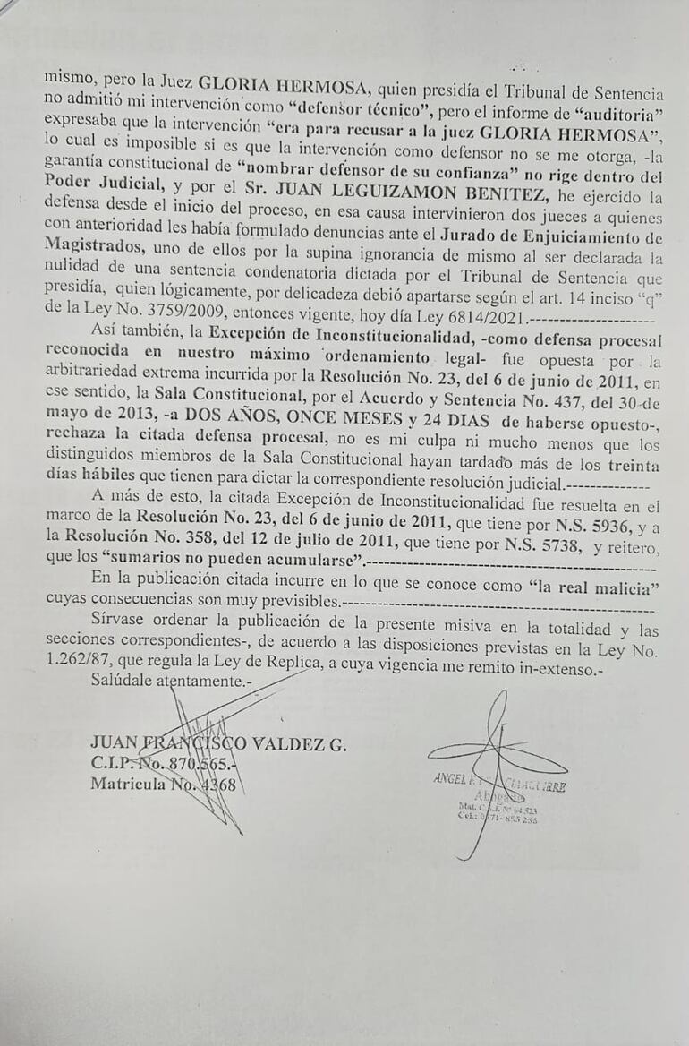 Carta de Juan Francisco Valdez a ABC