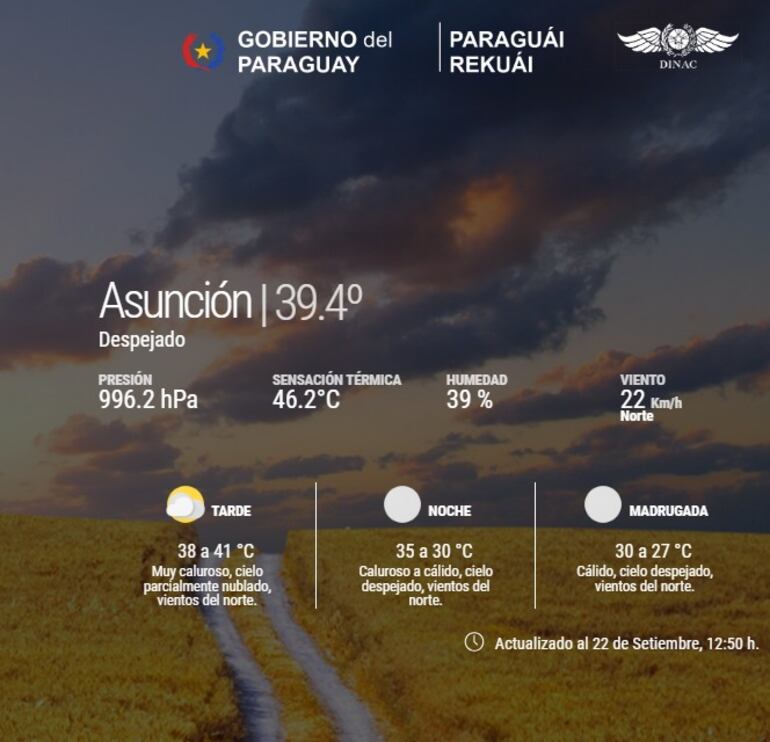 Página de la Dirección de Meteorología en el que se registra una sensación térmica de 46.2 ° C.