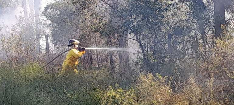 Una bombera de la compañía k55 lucha contra el fuego en medio de las malezas en el barrio Ytororo de Pilar.