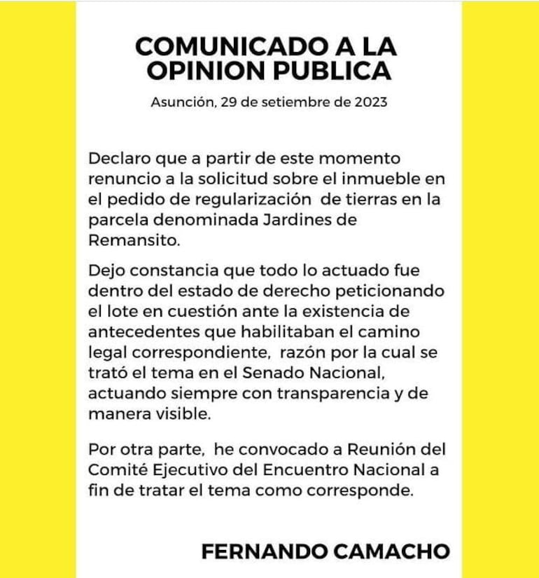 Comunicado de Fernando Camacho.