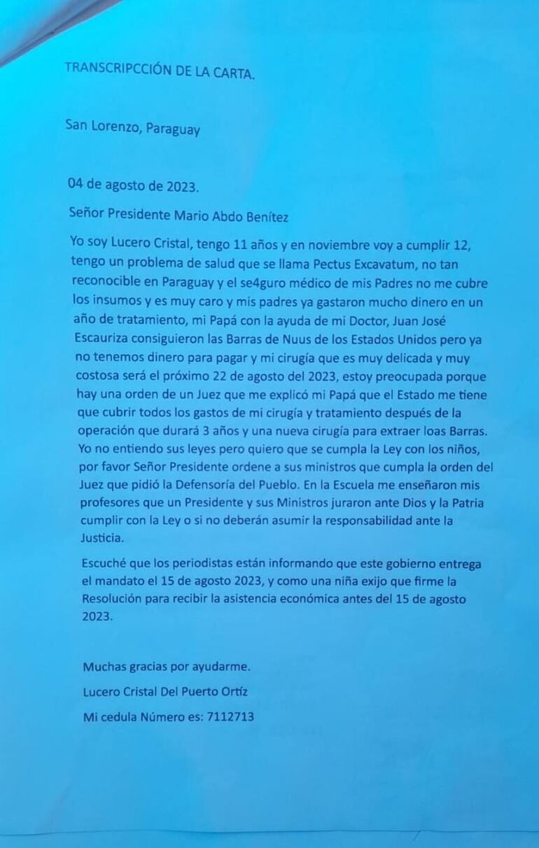 Trascripción de la carta que envió Lucero al presidente de la República saliente, Mario Abdo Benítez.