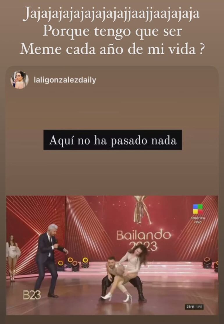 Lali González se preguntó por qué siempre tiene que ser meme. (Captura de la historia de Instagram de Lali González)