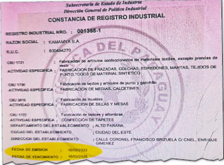 Constancia de Registro Industrial con fecha de supuesta emisión el 16 de febrero de 2023.