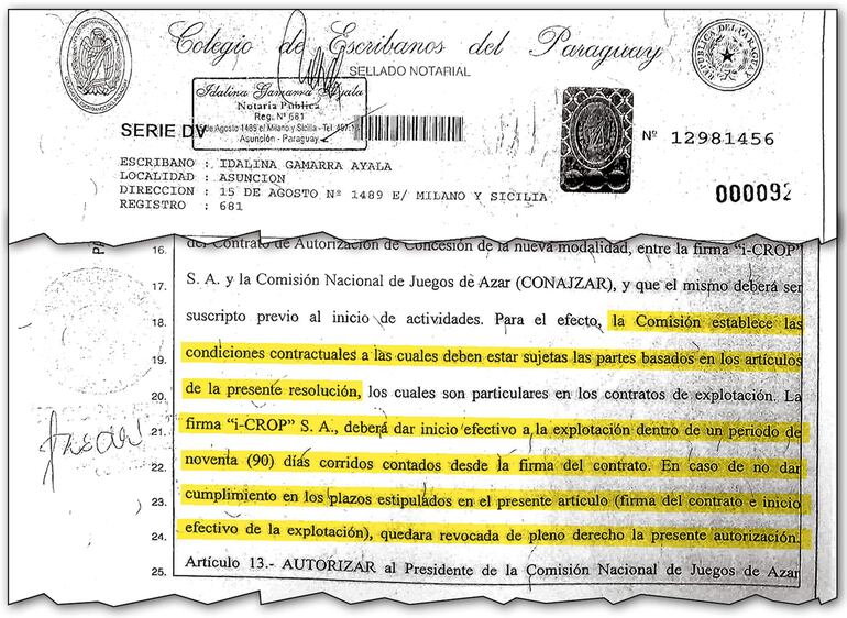 Facsímil del acuerdo entre Conajzar y iCrop SA en el cual establecen que en 3 meses inician las actividades. Sin embargo, la primera transferencia de canon se registra 5 mese después, en mayo. 