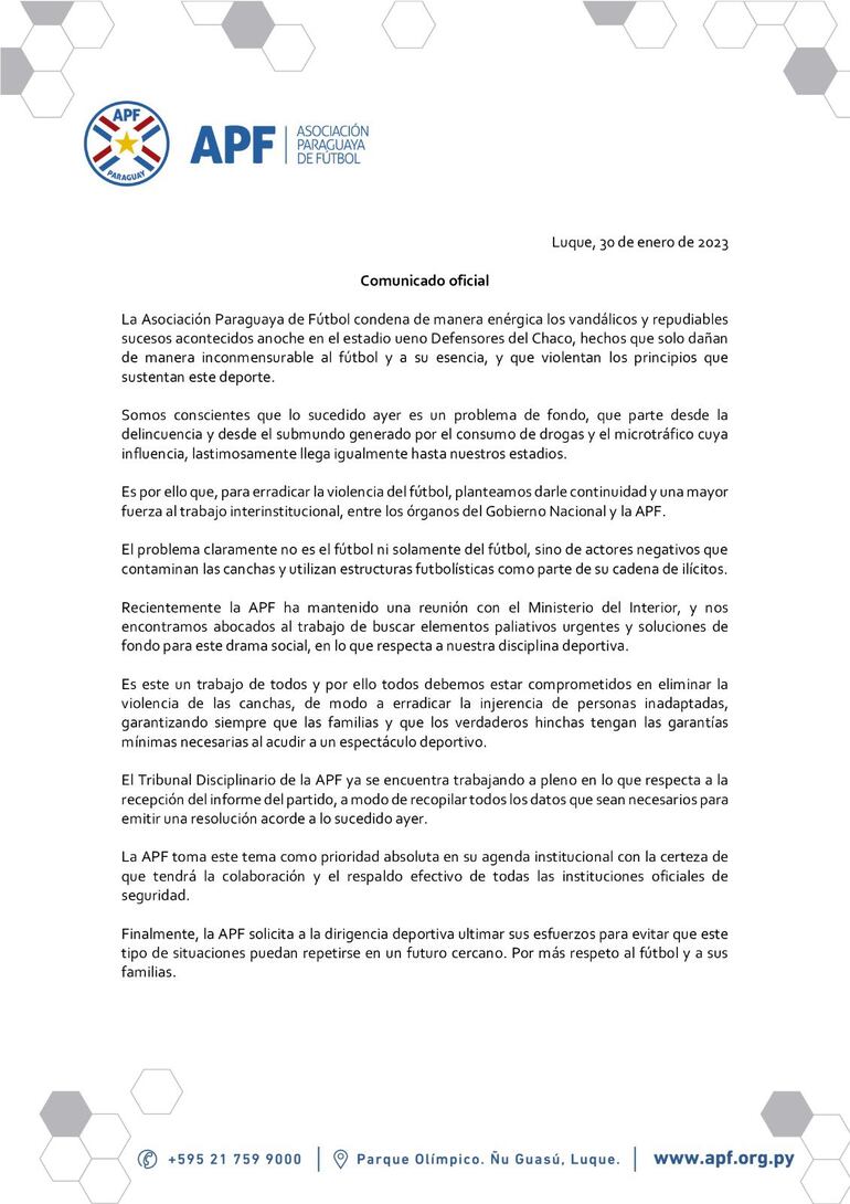 El comunicado de la Asociación Paraguaya de Fútbol sobre los hechos vandálicos en Cerro Porteño vs. 2 de Mayo.