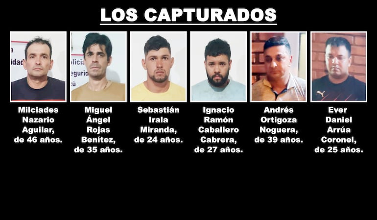 Milciades Nazario Aguilar, Miguel Ángel Rojas Benítez, Sebastián Irala Miranda, Ignacio Ramón Caballero Cabrera, Andrés Ortigoza Noguera y Ever Daniel Arrúa Coronel, capturados en Yhú y San Joaquín.