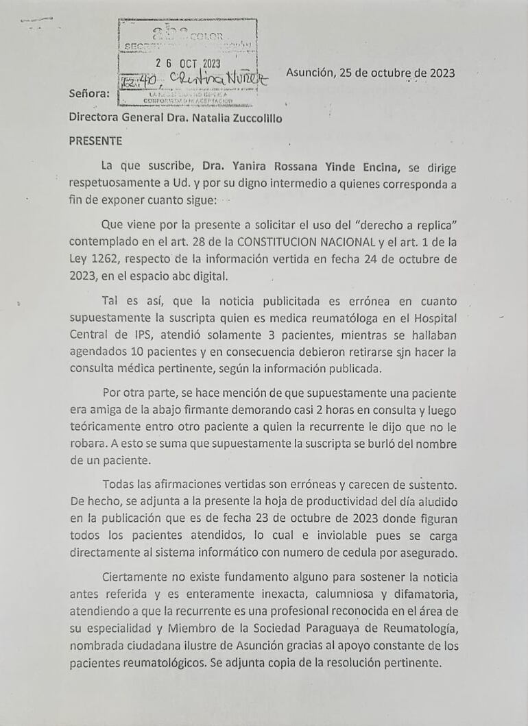 Carta de Yanira Rossana Yinde a la directora.