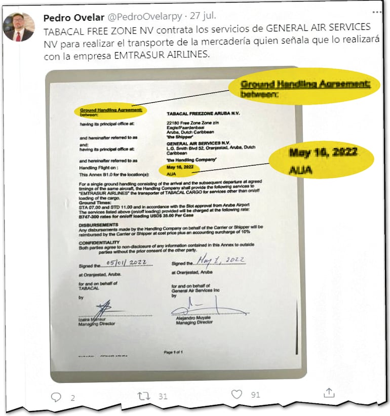 Publicación de Pedro Ovelar en la cual habla del contrato de Tabacal a General Air, pero el documento sería el acuerdo de asistencia en tierra.