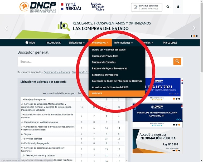 Captura de pantalla del portal de Contrataciones Públicas, indicando la pestaña en el cual se puede encontrar información útil para que las mipymes sean proveedoras del Estado.