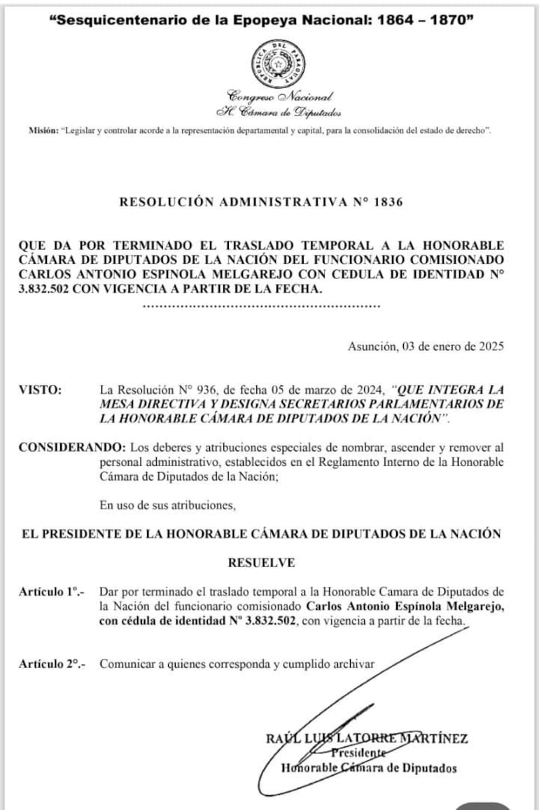 Resolución del "cese de comisionamiento" del funcionario detenido Carlos Alberto Espínola.