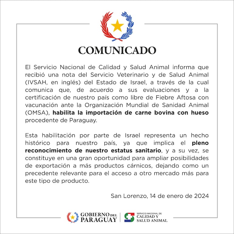 Comunicado del Senacsa sobre la habilitación por parte de Israel.