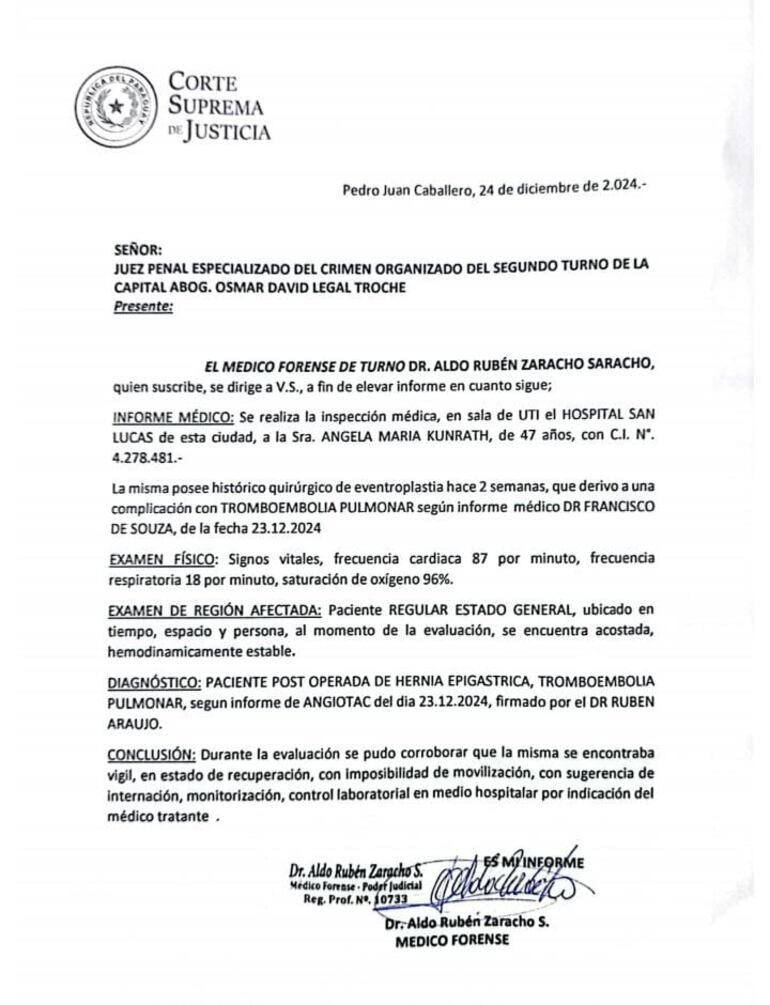 Informe del médico forense Aldo Rubén Zaracho.