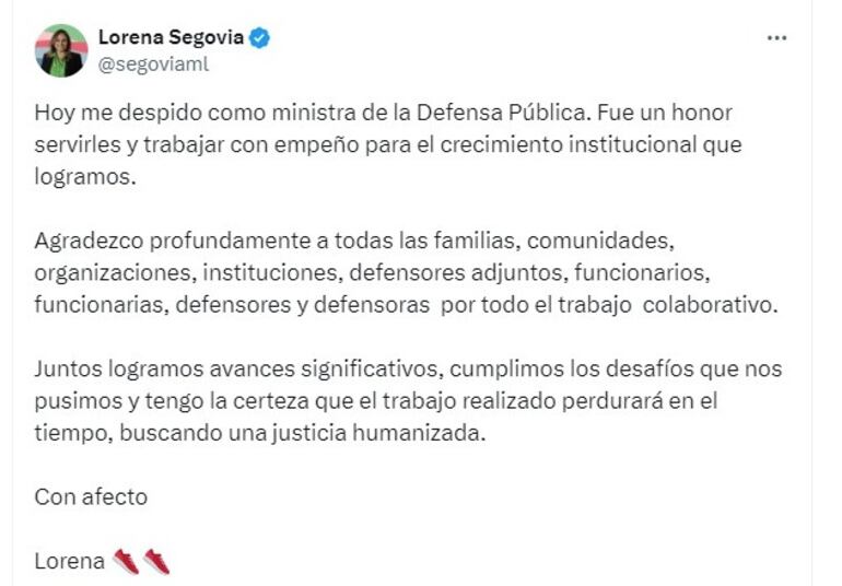 Posteo en redes sociales de Lorena Segovia, ex ministra de la Defensa Pública.