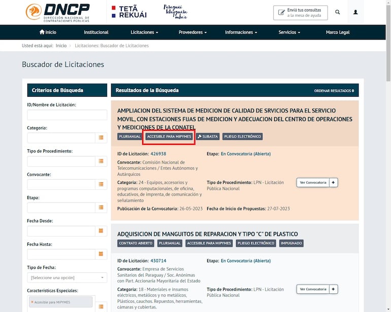Captura de pantalla de las convocatorias de compras públicas accesibles para mipymes.