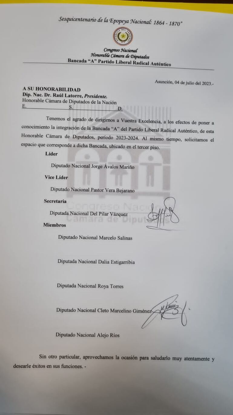 Bancada liderada por Jorge Avalos Mariño y que respaldó al diputado Marcelo Salinas para la vicepresidencia 2º.