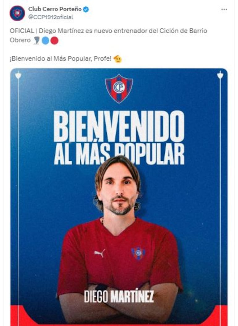 Confirmación de Diego Martínez como nuevo DT de Cerro Porteño.