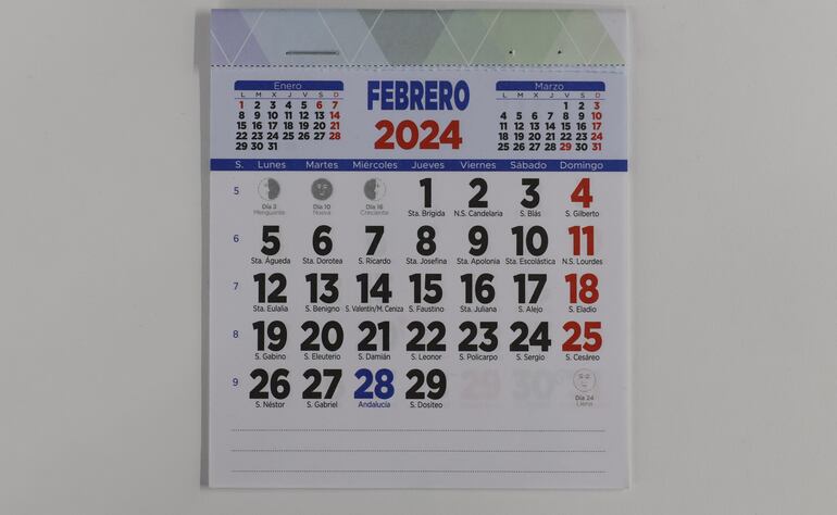 Calendario del 2024 con el día 29 de febrero, que corresponderá a un año bisiesto.