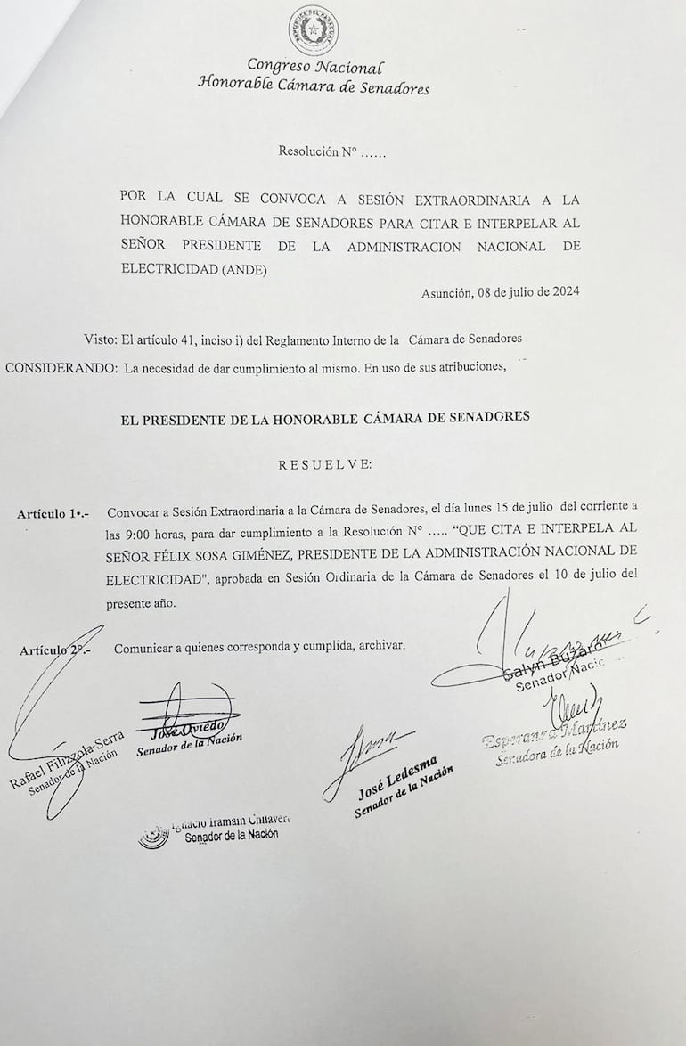 Pedido de interpelacion a Presidente de la Ande 10-07-2024