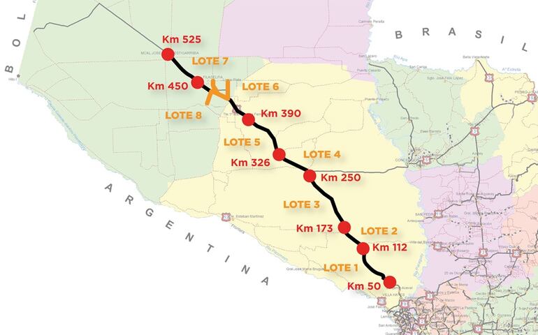 Mapa de la ruta Transchaco con el detalle de la diseño de los lotes.