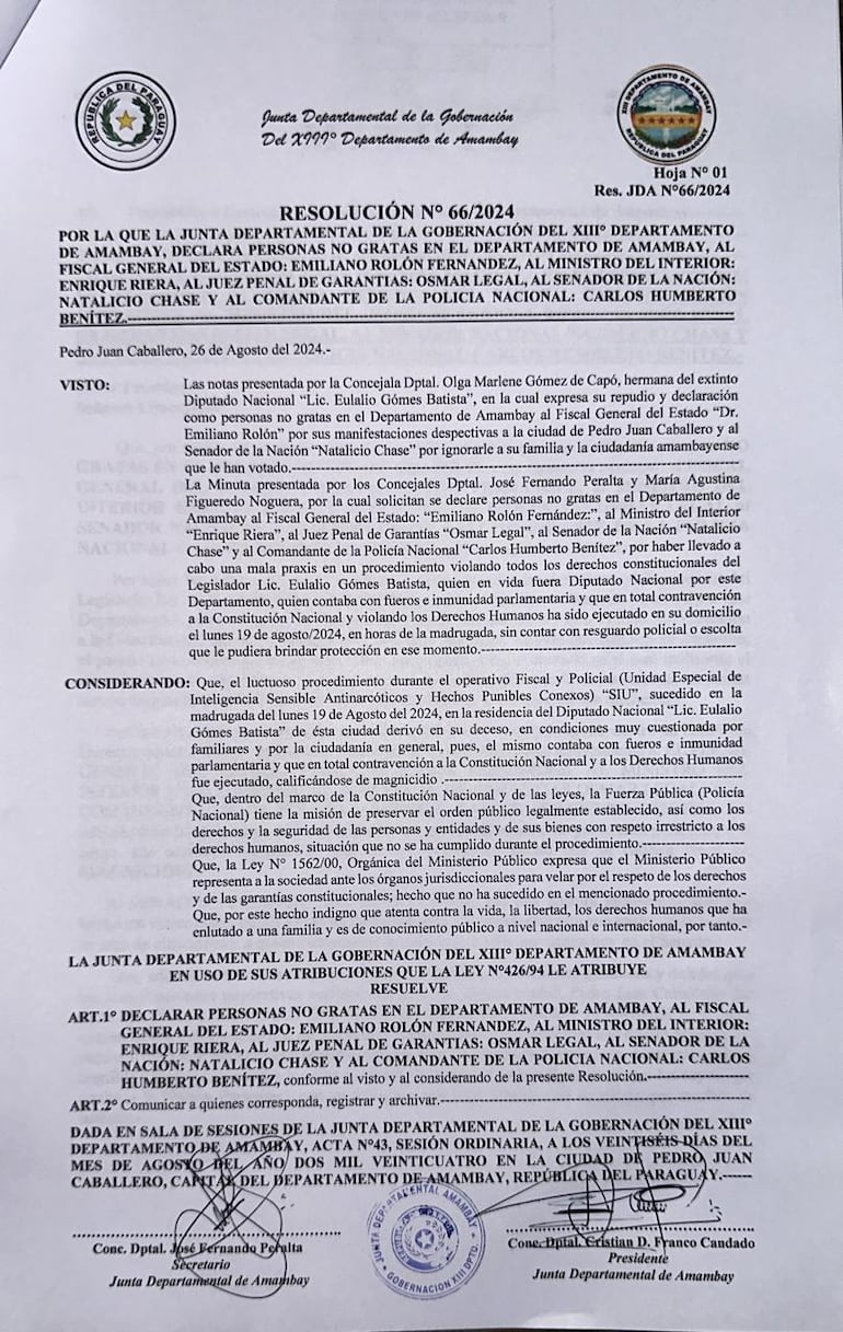 Resolución contra varias autoridades de la Junta Departamental de Amambay.