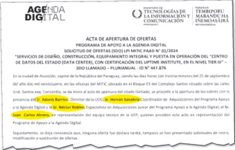 Acta de apertura de ofertas donde no aparece el nombre de Deisy Dahiana Acosta, quien encabezó  el proceso el pasado 25 de septiembre de 2024.