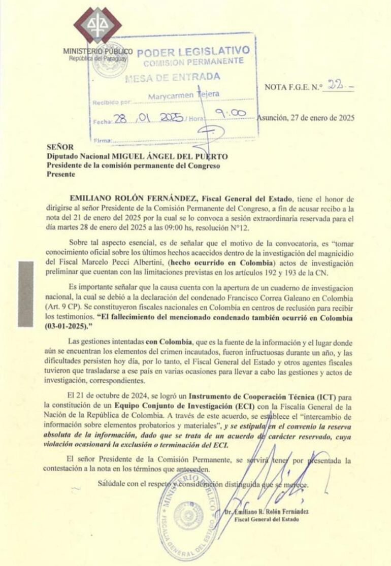 Nota del Fiscal General del Estado, Emiliano Rolón.