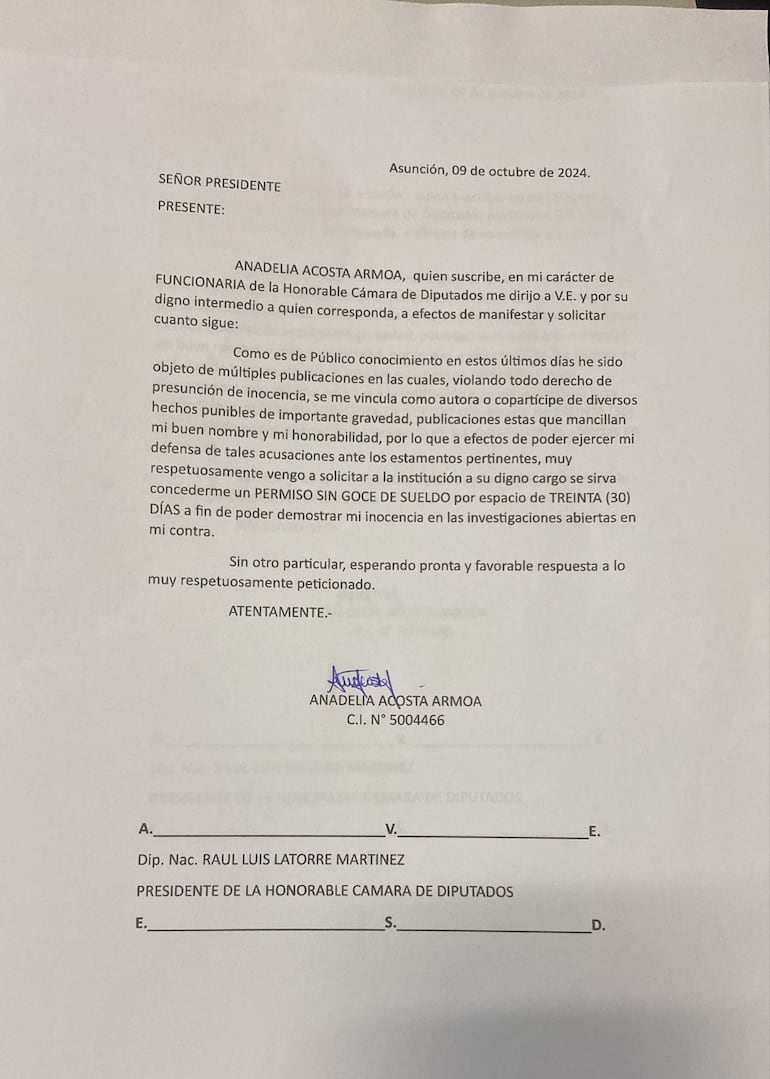 Nota remitida por la funcionaria imputada Anadelia Acosta Armoa a la Cámara de Diputados.