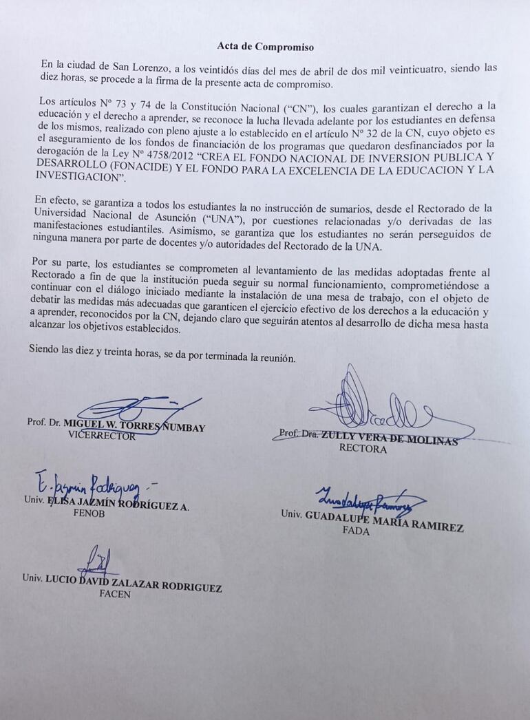 Acta de compromiso firmada entre estudiantes que tomaron el rectorado y autoridades de la UNA.