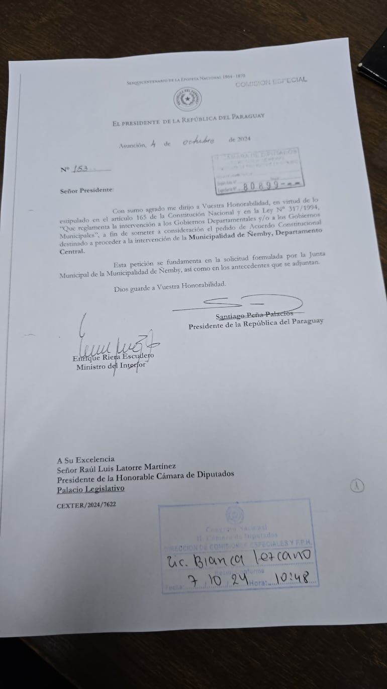 Poder Ejecutivo envió a Diputados, pedid de intervención a la municipalidad de Ñemby. (gentileza).