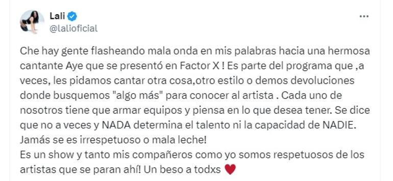 La explicación de Lali Espósito a de su "no" a Aye Alfonso.