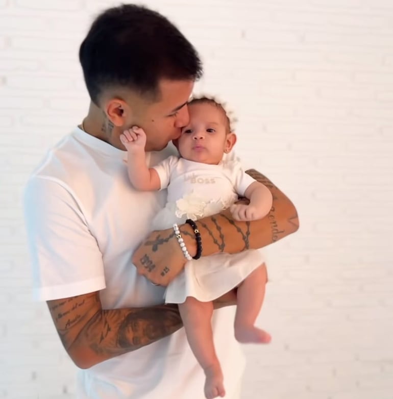 El futbolista Derlis González con la más pequeñita de la casa, Kerly Antonella. 
(Instagram/Karimi Chávez)