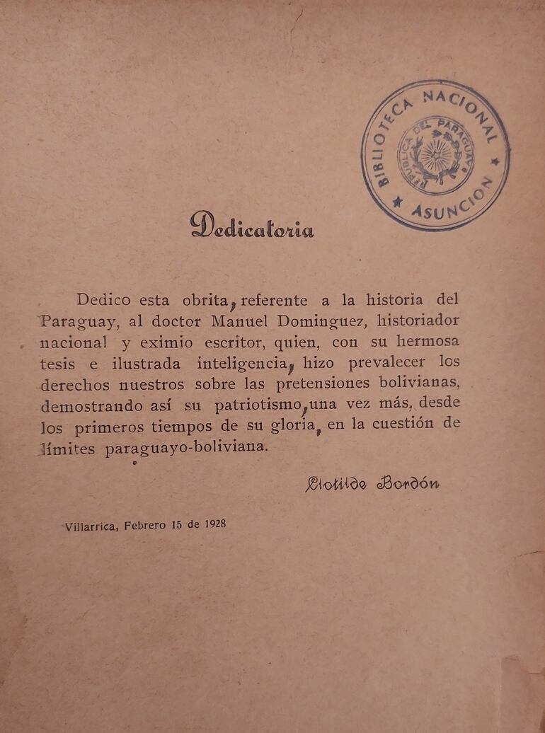 Dedicatoria del libro de Clotilde Bordón