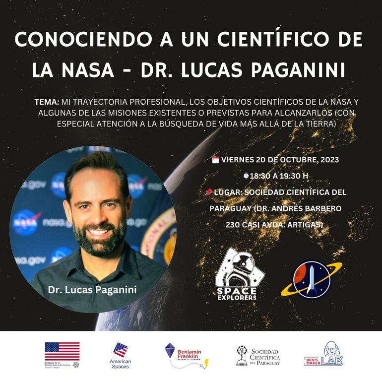 Invitación a la conferencia del doctor Lucas Paganini, científico de la NASA.