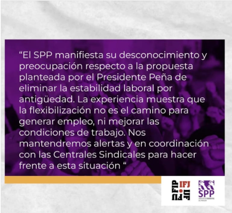 Comunicado del SPP sobre desconocimiento de modificación del Código Laboral anunciado por Santiago Peña.