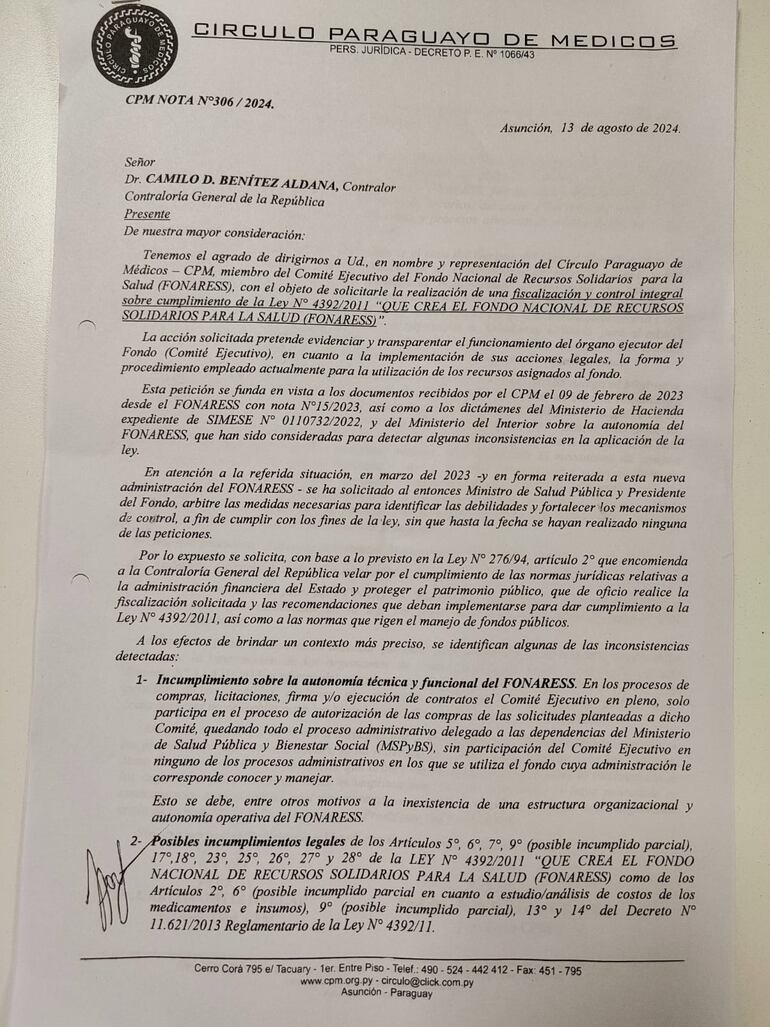 Nota presentada por el Círculo Paraguayo de Médicos a la Contraloría General de la República.