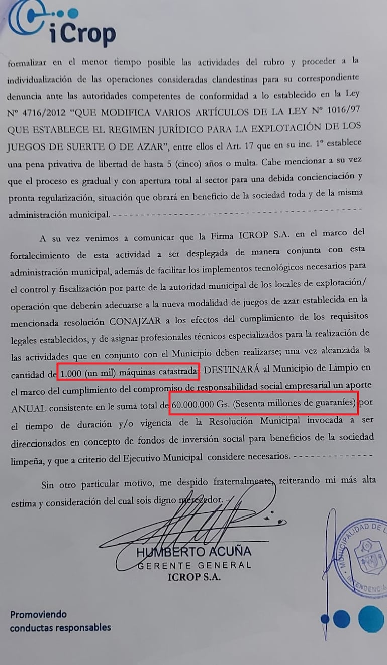 Segunda parte del documento firmado por Humberto Acuña, representante de la "reguladora" de tragamonedas, iCrop SA. Promete donar 1,6% de la recaudación anual en Limpio, unos G. 60 millones de G. 3.600 millones por 1.000 máquinas "legalizadas".