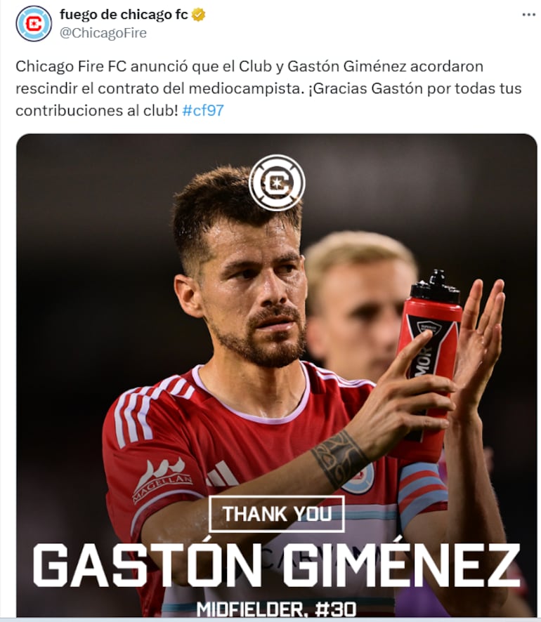 Publicación del Chicago Fire sobre la desvinculación de Gastón Giménez.