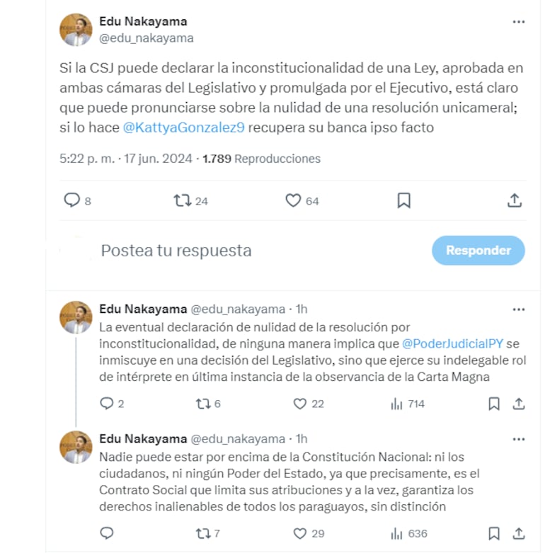 Edurdo Nakayama sobre dictamen de inconstitucionalidad de la Corte Suprema de Justicia sobre la destitución de Kattya González de la Cámara de Senadores.