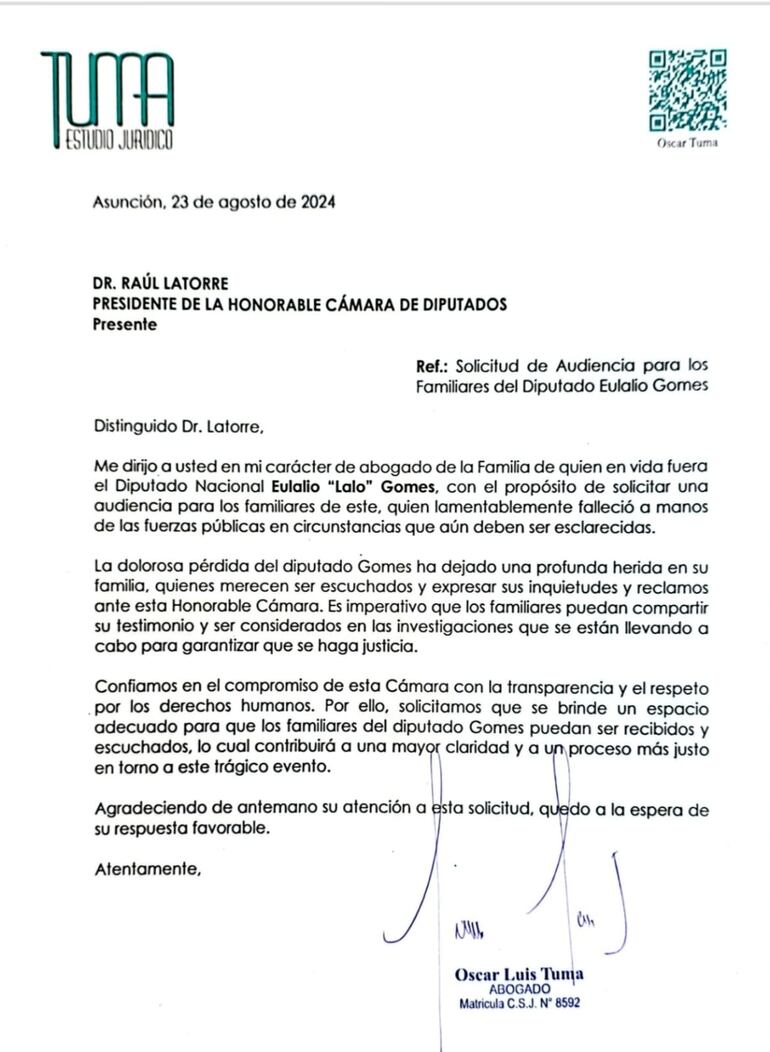 Nota del abogado de la familia de "Lalo" Gomes pidieron ser recibidos por el presidente de Diputados, Raúl Latorre.