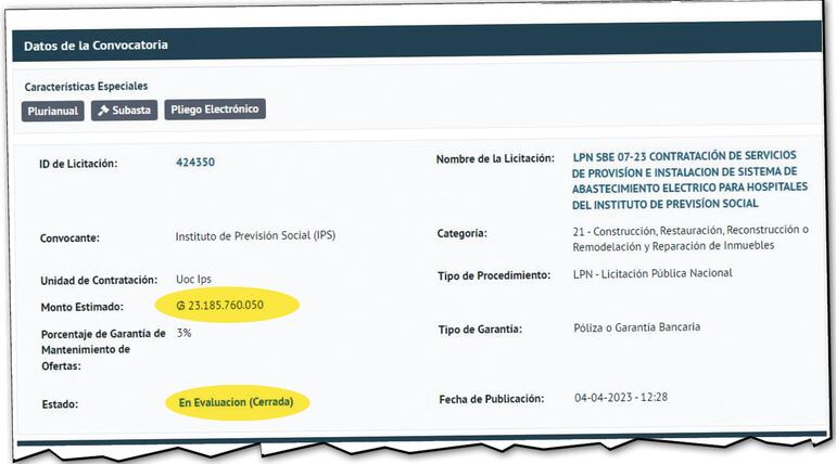 Captura del último llamado a licitación de la previsional para la provisión e instalación de sistema de abastecimiento eléctrico para los hospitales Ingavi y de Ciudad del Este.