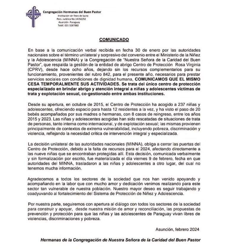 Comunicado de la Fundación Buen Pastor.