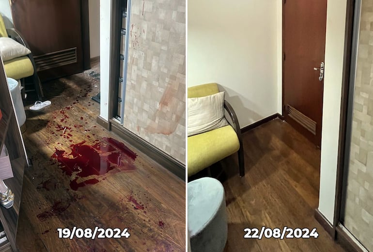 Imágenes de la habitación donde murió "Lalo" Gomes. A la izquierda, se observan rastros de sangre en el piso y, a la derecha, ya se ve la habitación limpia. Estas dos fotos fueron compartidas en sus redes por el yerno del diputado, Carlos Viveros.